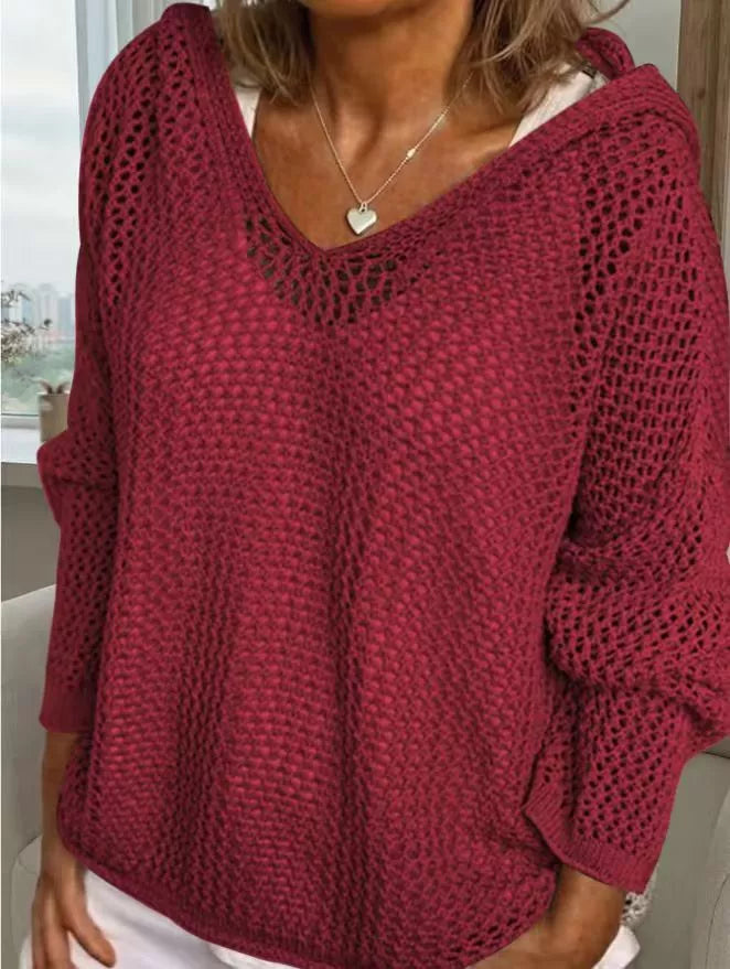 Red Openwork knit hooded pullover cover-up with V-neck