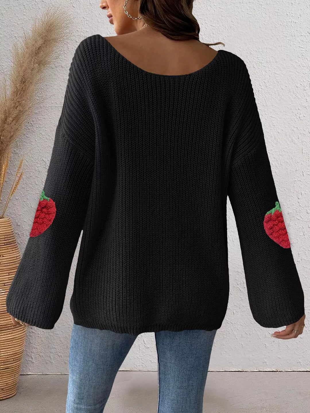 Strawberry applique ribbed knit oversized pullover sweater