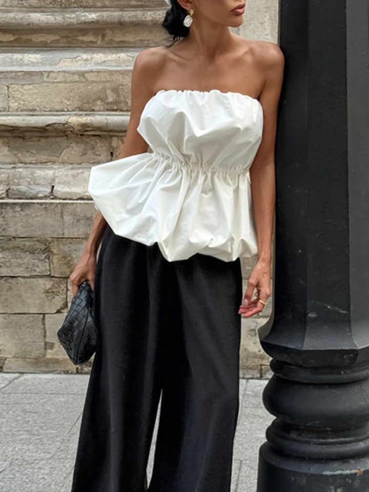 Ruched bubble hem strapless cotton tube top