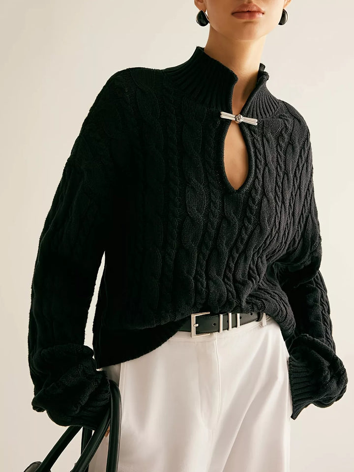 Black Cable-knit mock neck sweater with keyhole cutout