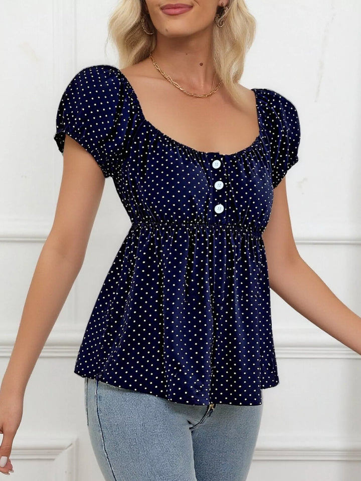 Polka dot scoop-neck peplum blouse with puff sleeves