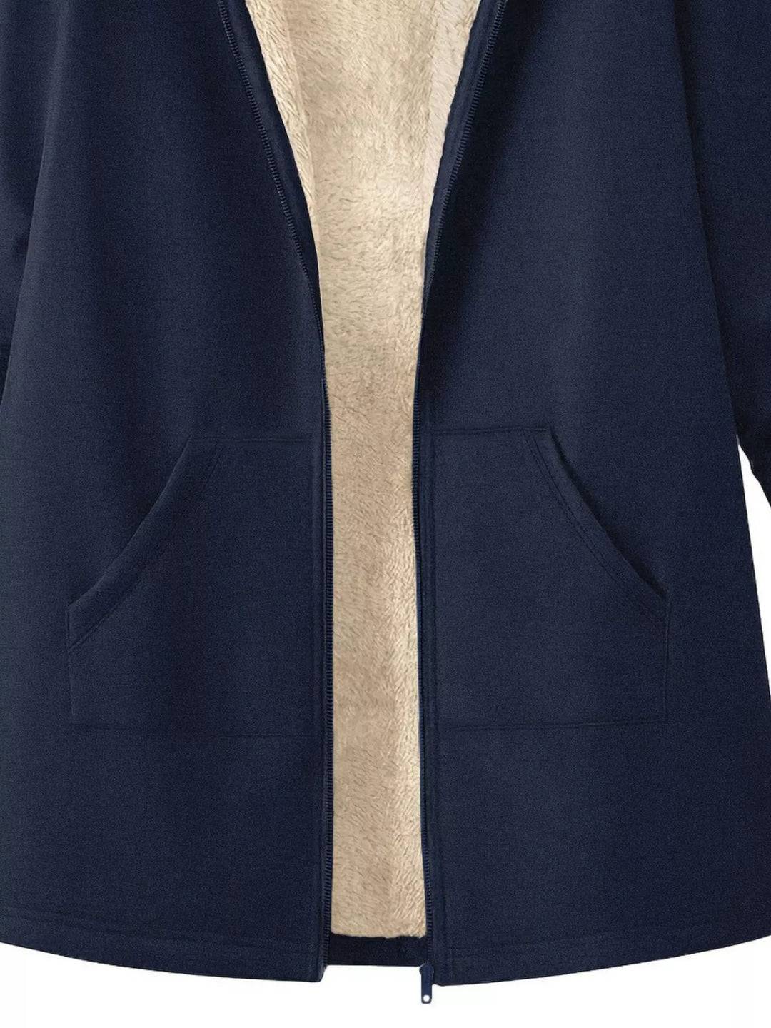 Sherpa-lined hooded zip longline jacket with pockets