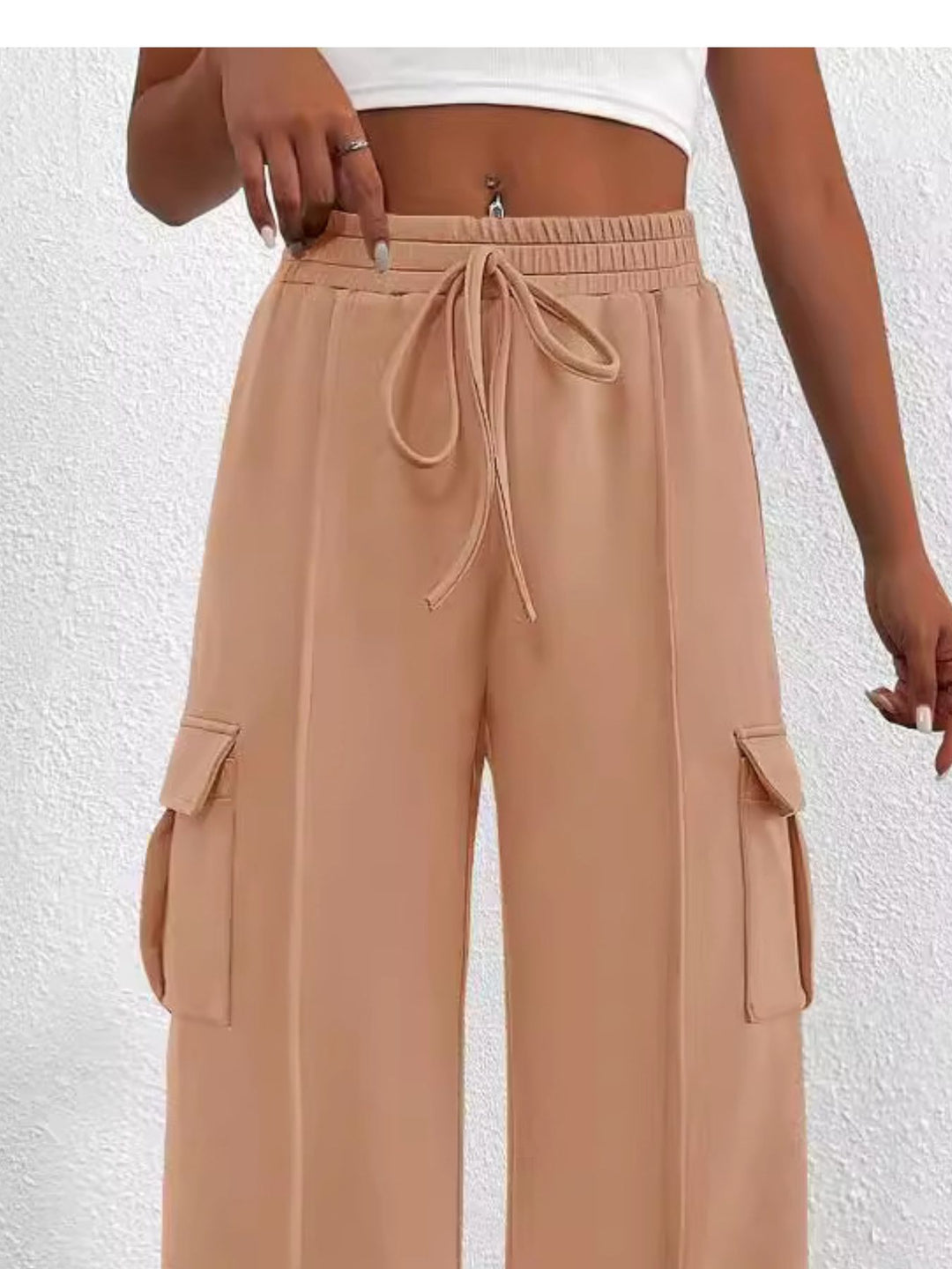 Drawstring high-waist wide-leg cargo pants with flap pockets