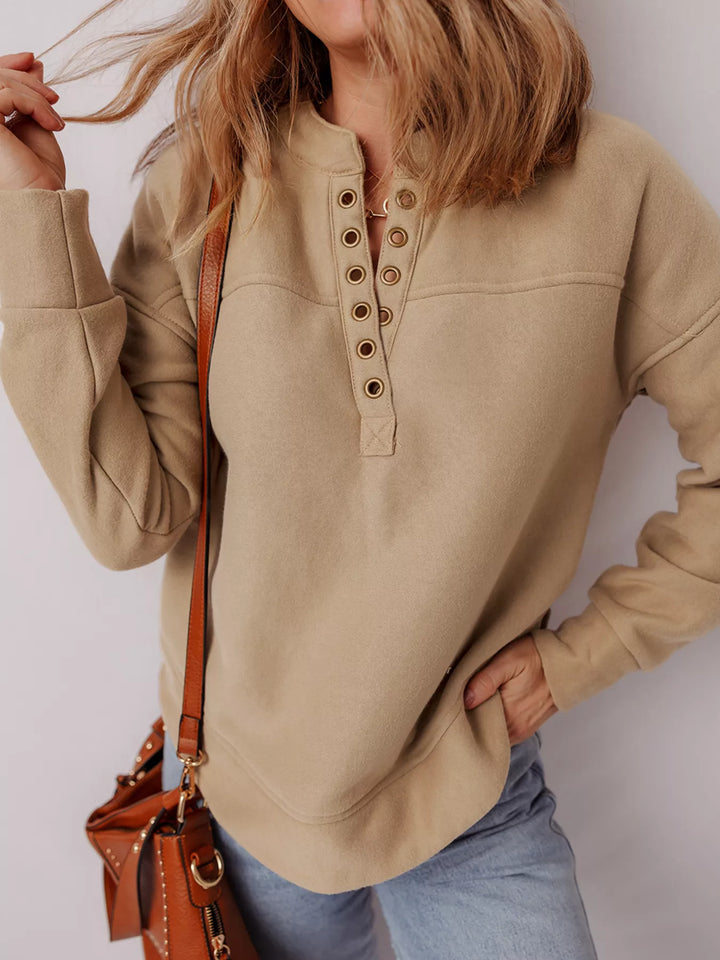 Tan Grommet placket V-neck pullover sweatshirt