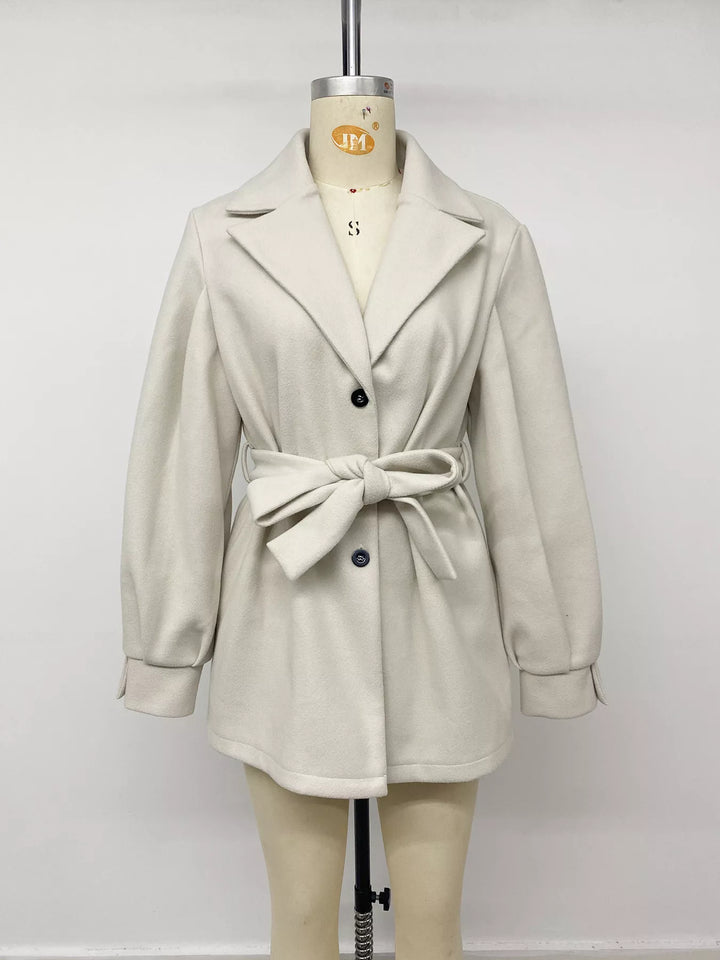 Belted notch lapel short coat with flap pockets