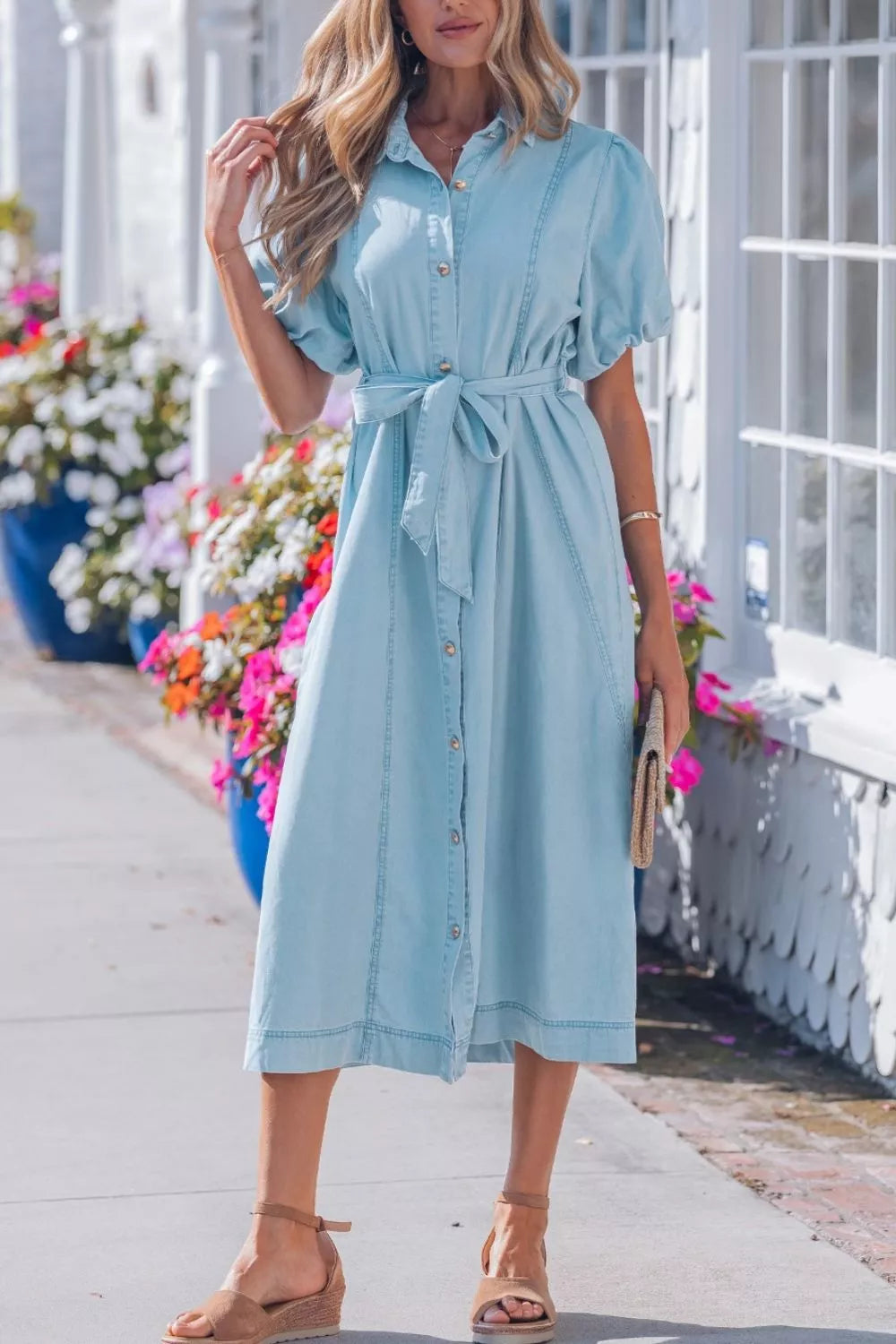 Light Blue Belted chambray midi shirt dress with puff sleeves