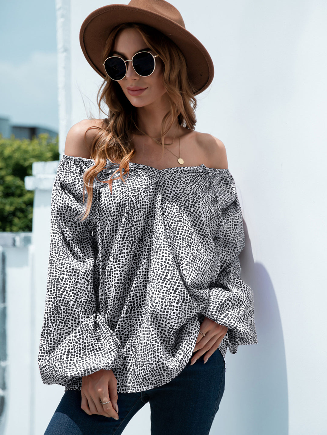 Speckled dot print off-shoulder balloon sleeve blouse