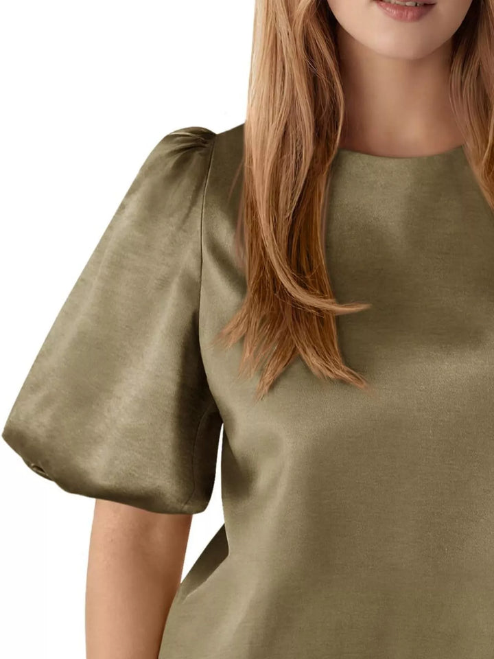 Short puff sleeve satin top with round neck