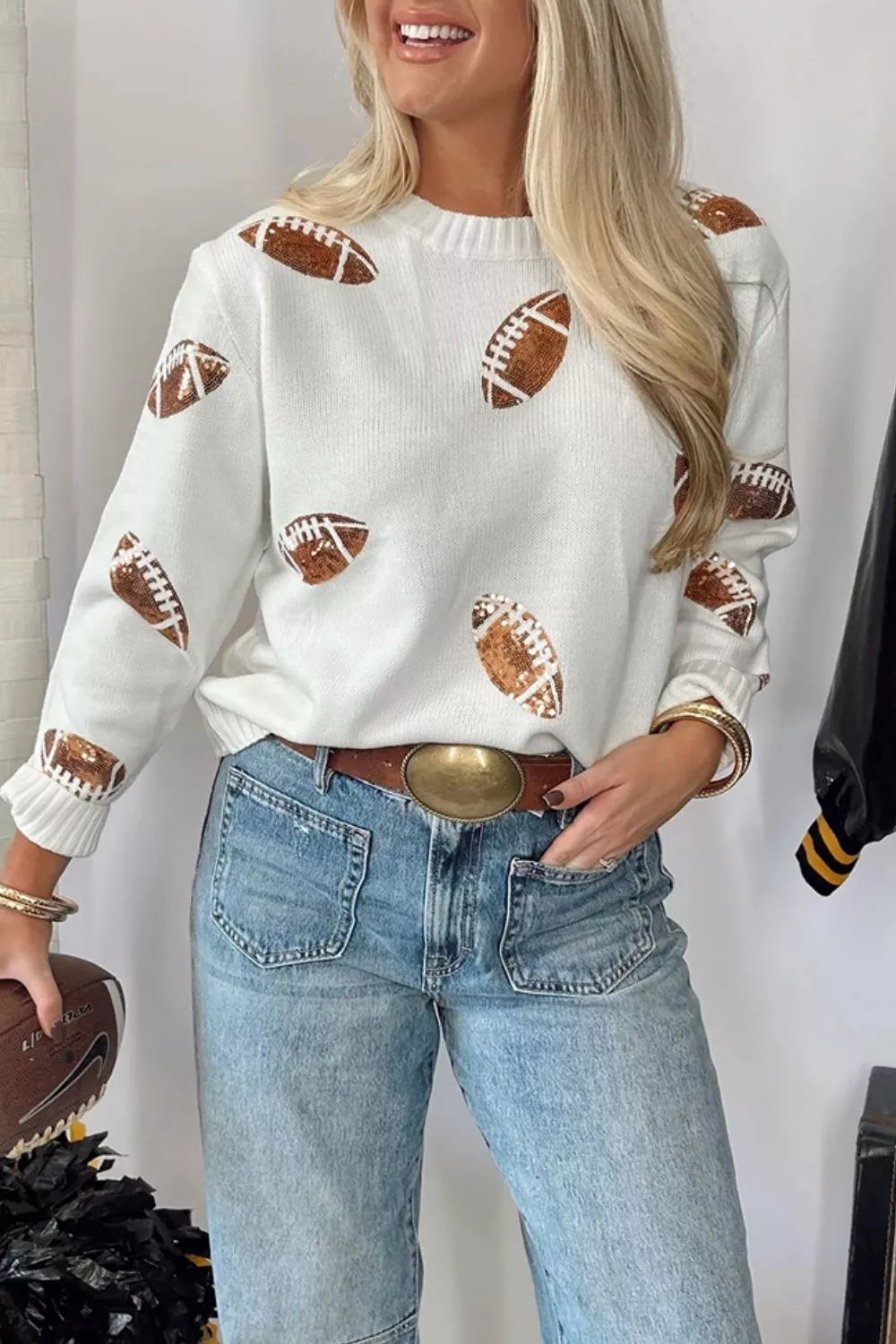 Sequin football knit sweater with ribbed crew neck