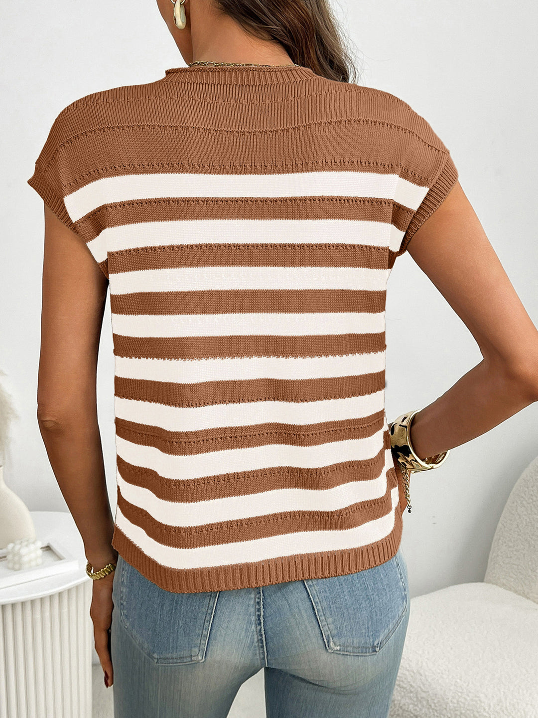 Striped knit cap sleeve top with patch pocket