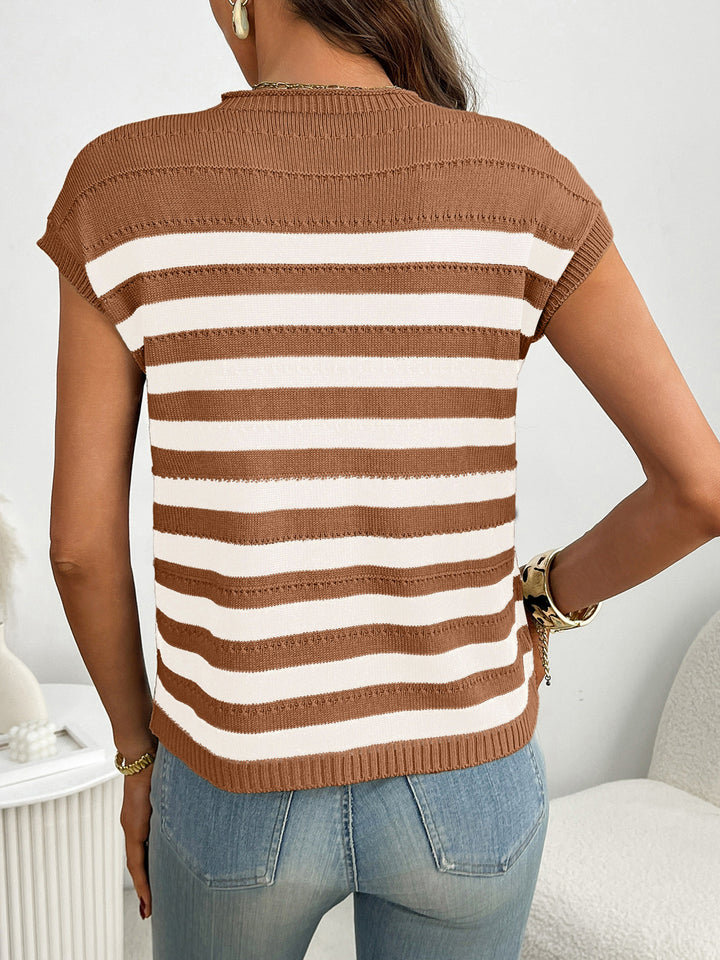 Striped knit cap sleeve top with patch pocket