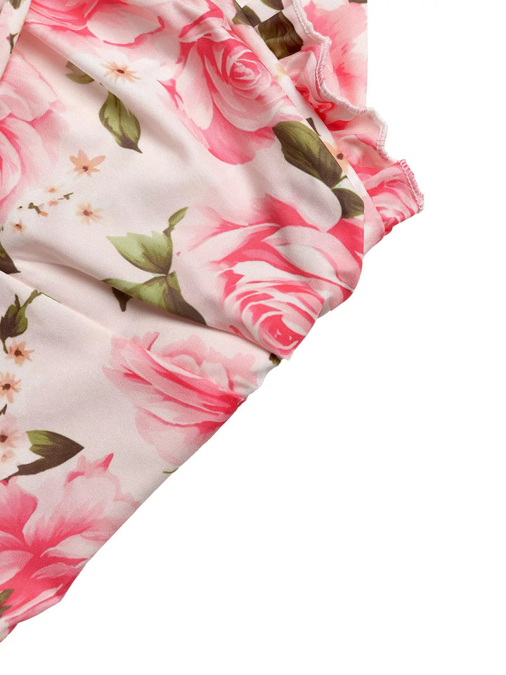 Rose print halter neck midi dress with smocked bodice