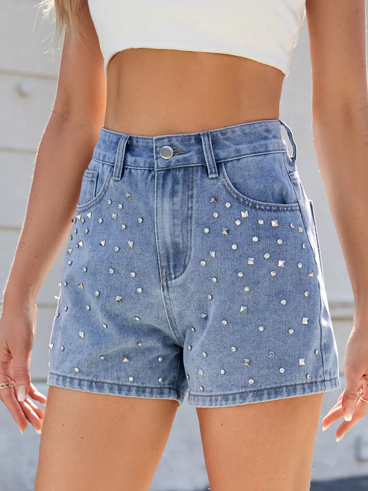 Studded rhinestone high-waist denim shorts