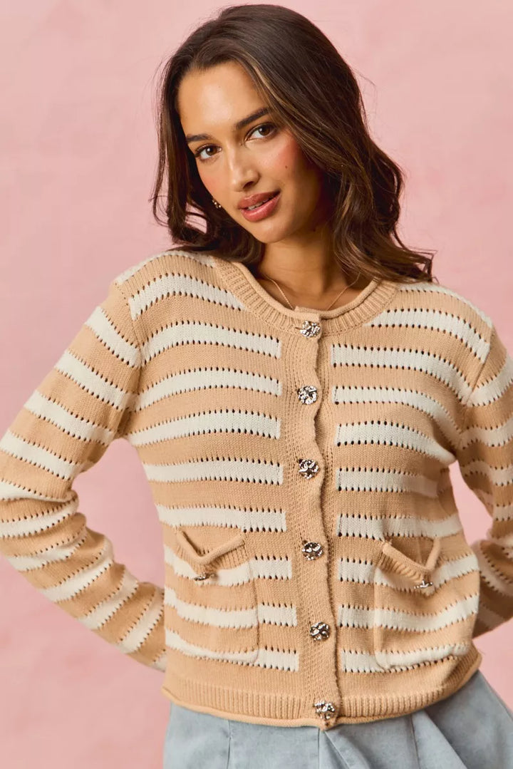 Striped openwork knit cardigan with jeweled buttons