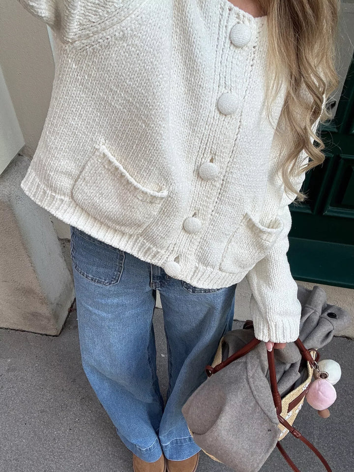 Cropped textured knit button-down cardigan with pockets