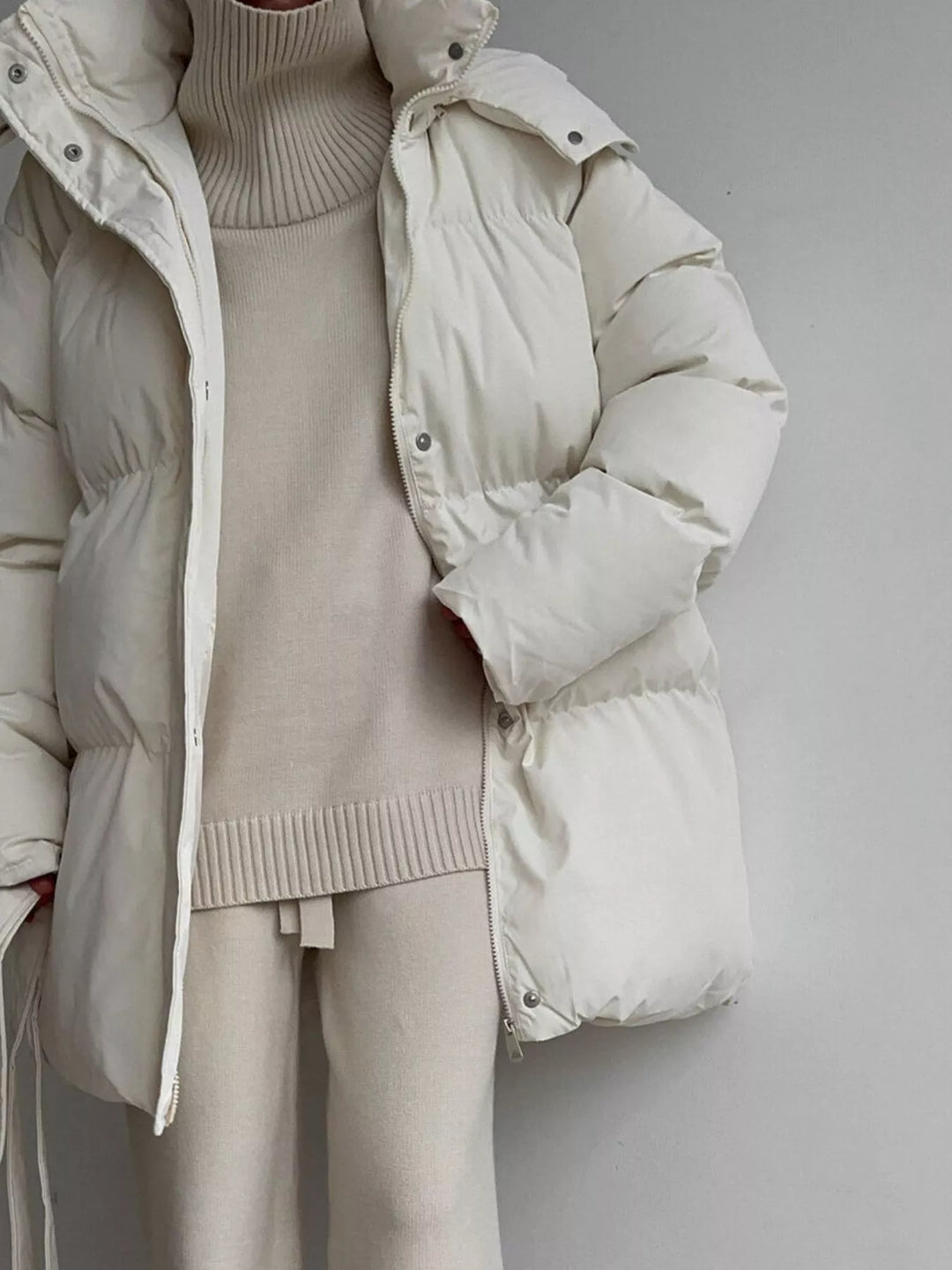 Belted puffer winter coat with snap-off hood