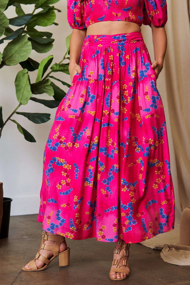 Floral smocked waistband ruffled maxi skirt with pockets