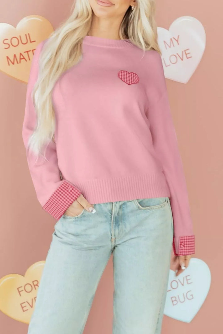 Gingham heart drop-shoulder crew neck sweater