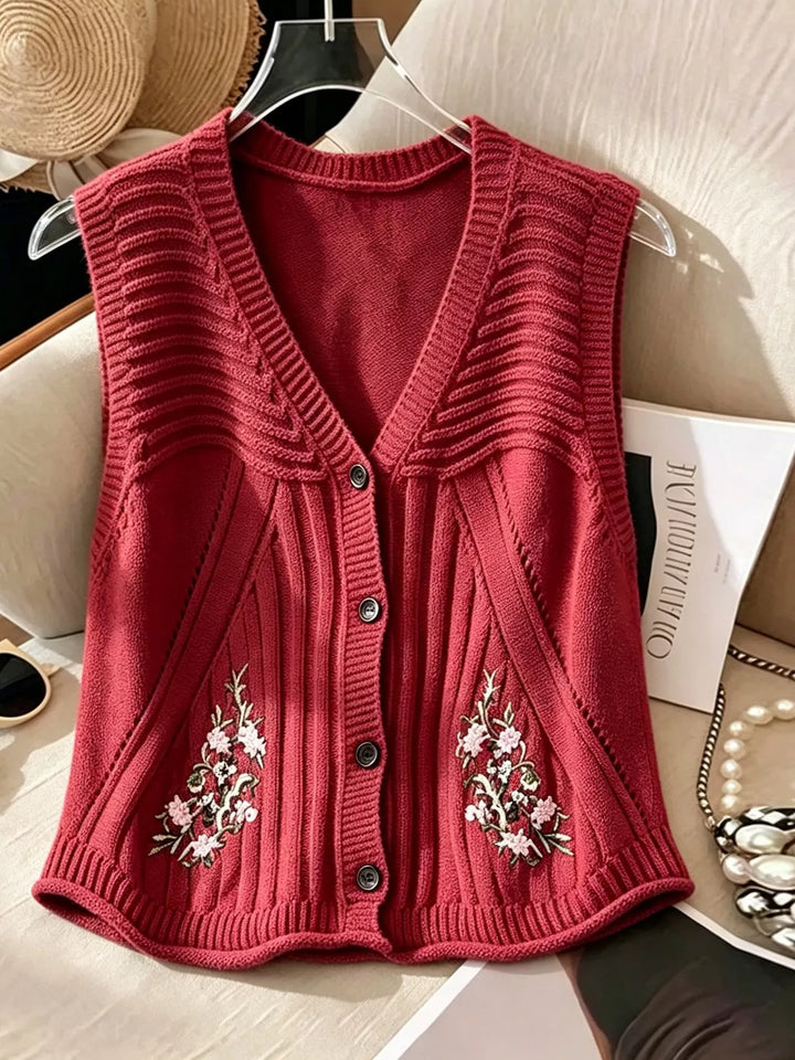 Floral embroidered knit sweater vest with button front