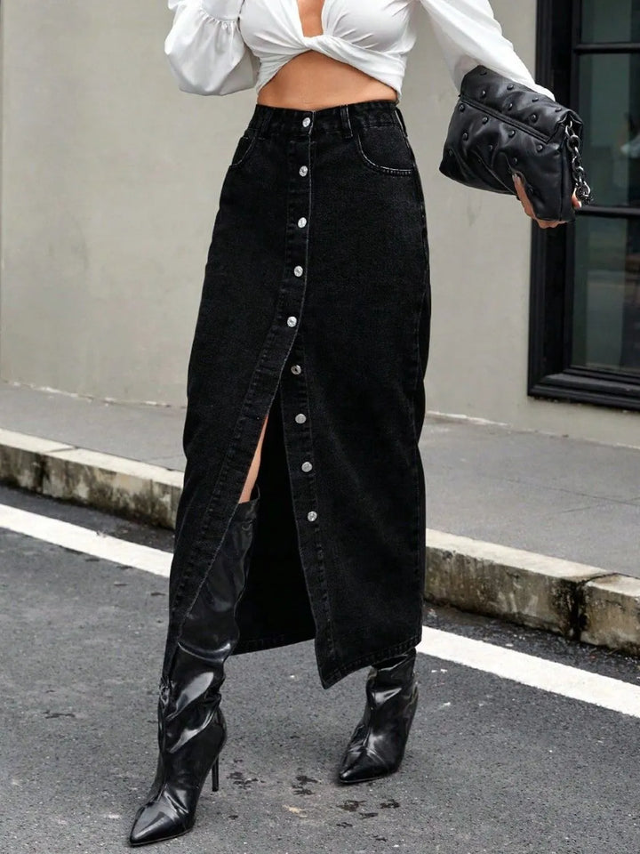 Button-front midi denim skirt with front slit