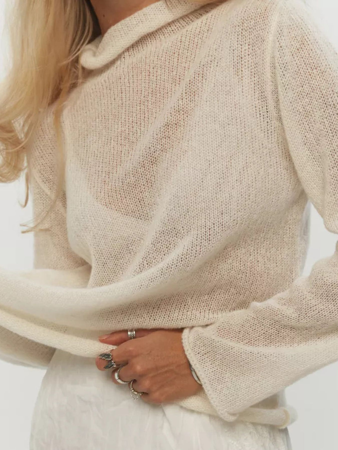 Apricot Sheer open-knit mock neck sweater with long sleeves