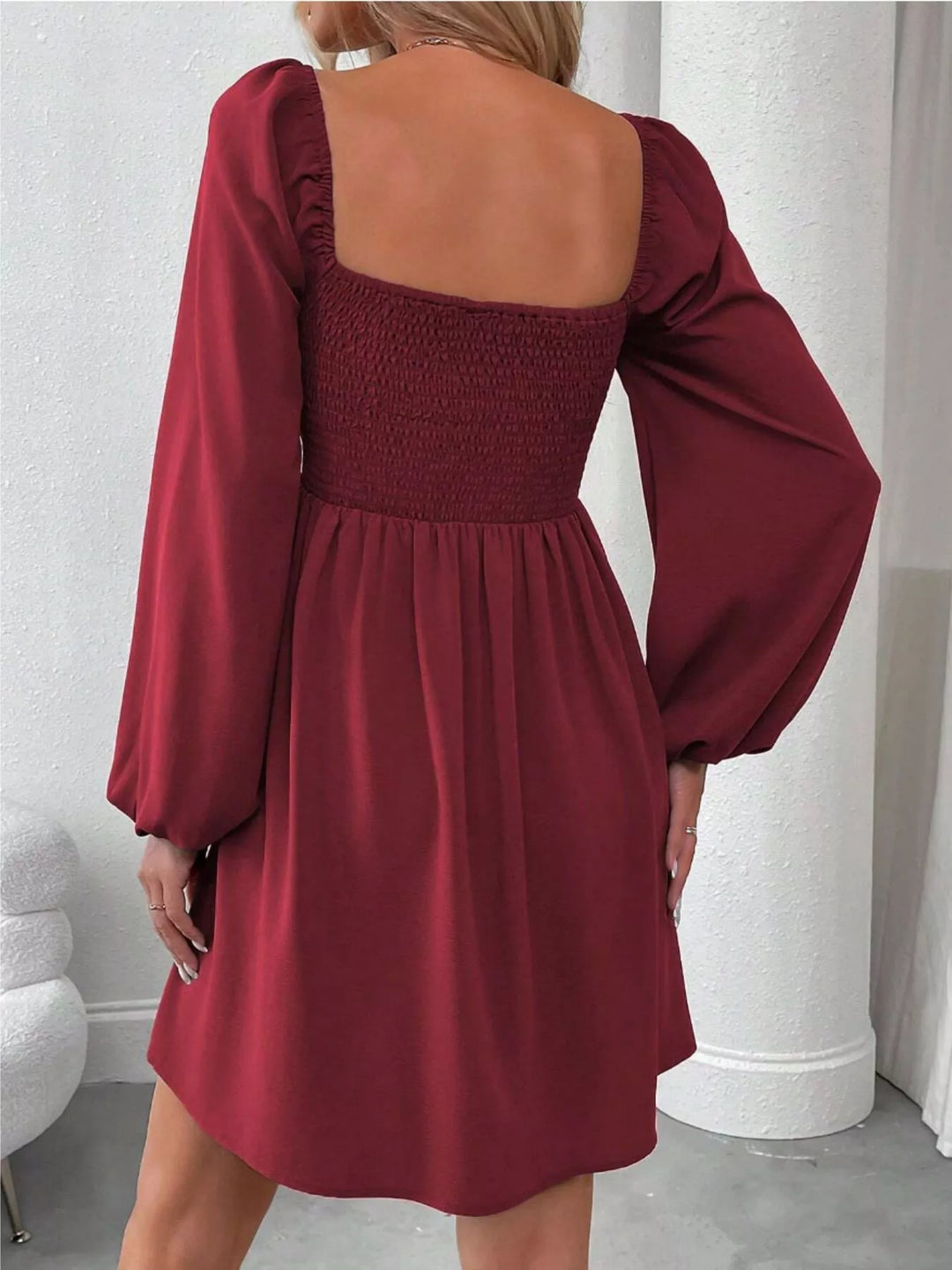 Ruched square-neck balloon sleeve A-line mini dress