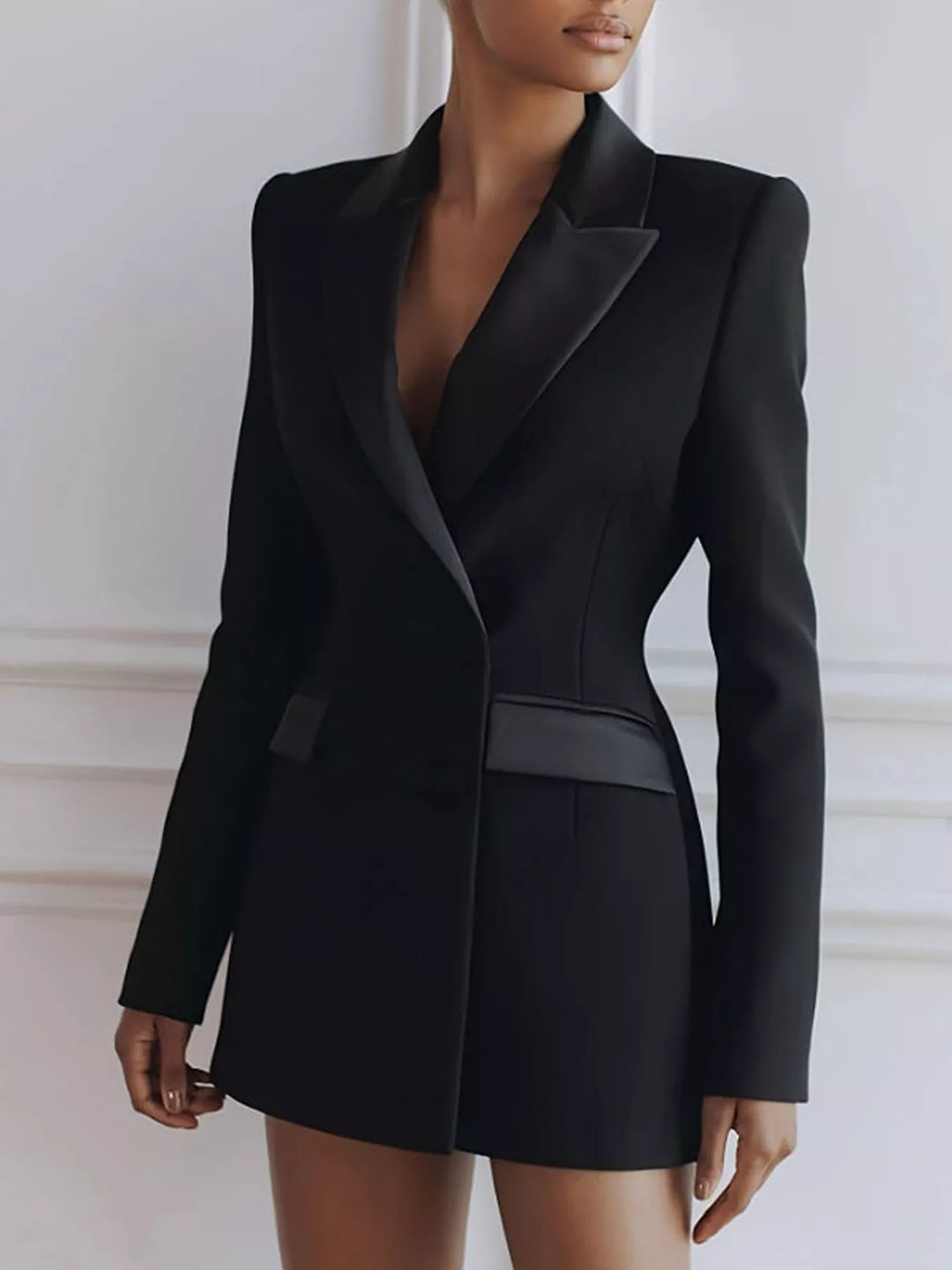 Satin peak lapel double-breasted longline blazer