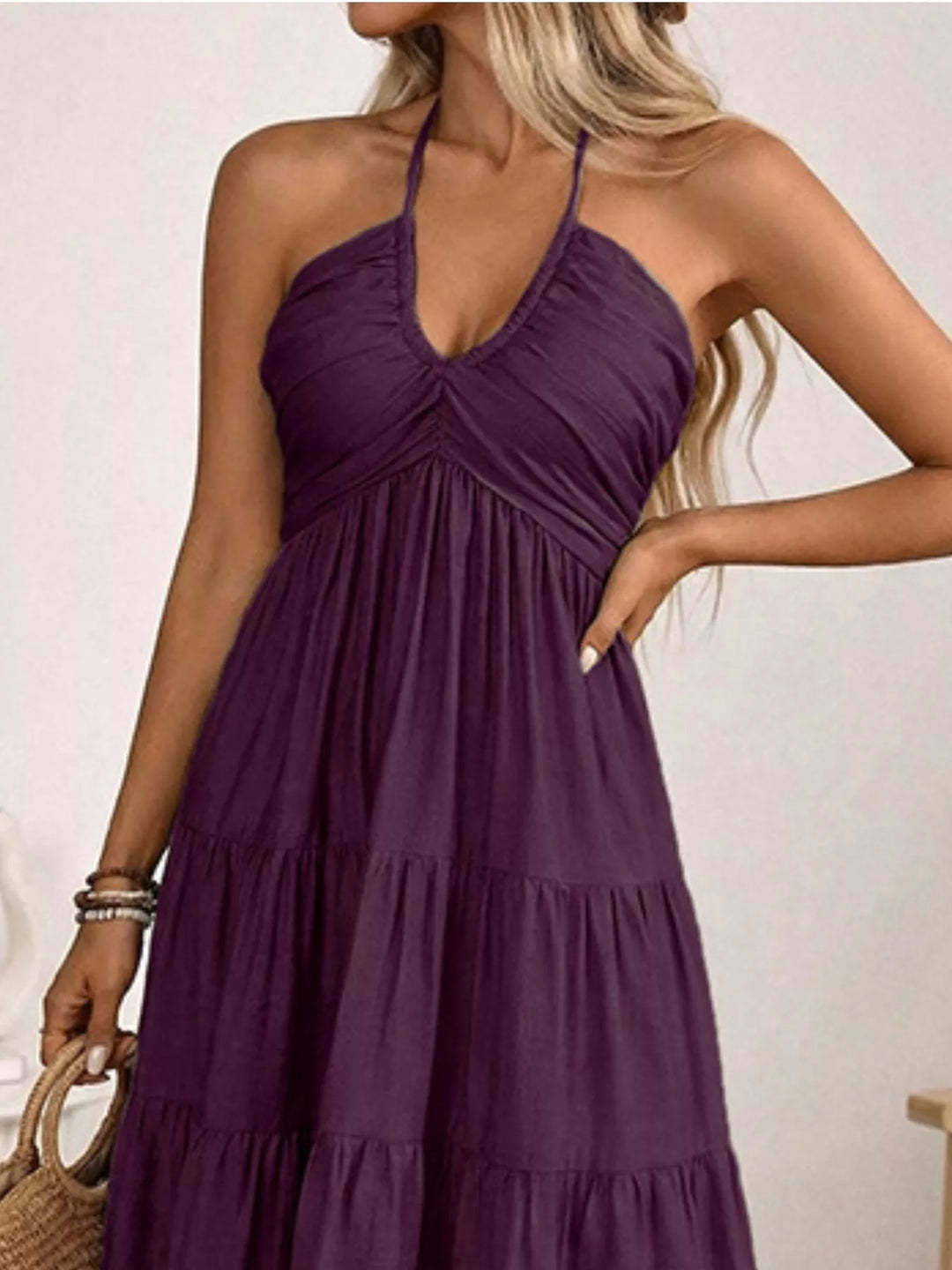 Halter neck tiered midi dress with smocked bodice