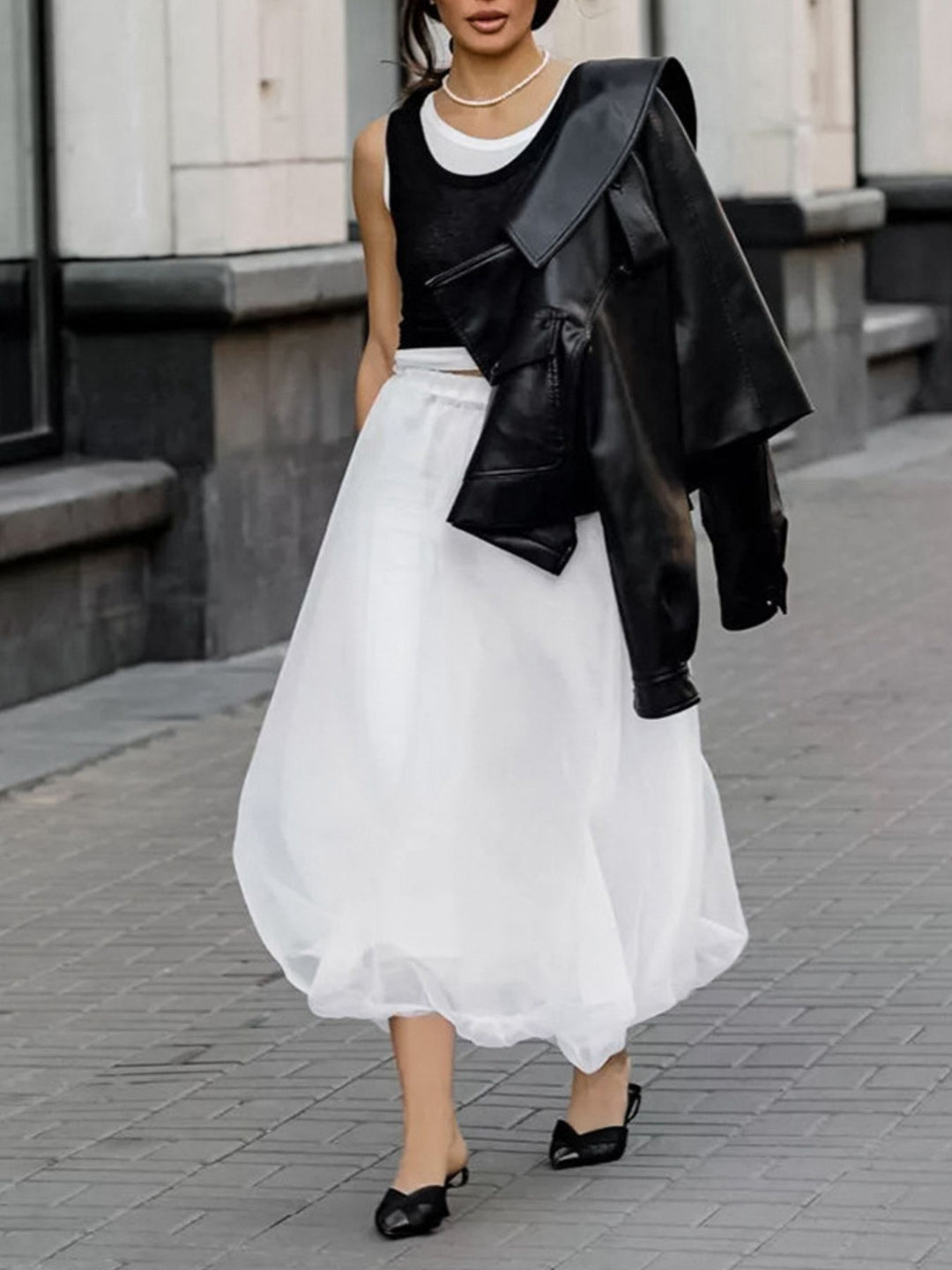 White Semi-sheer flowy midi skirt with gathered elastic waist