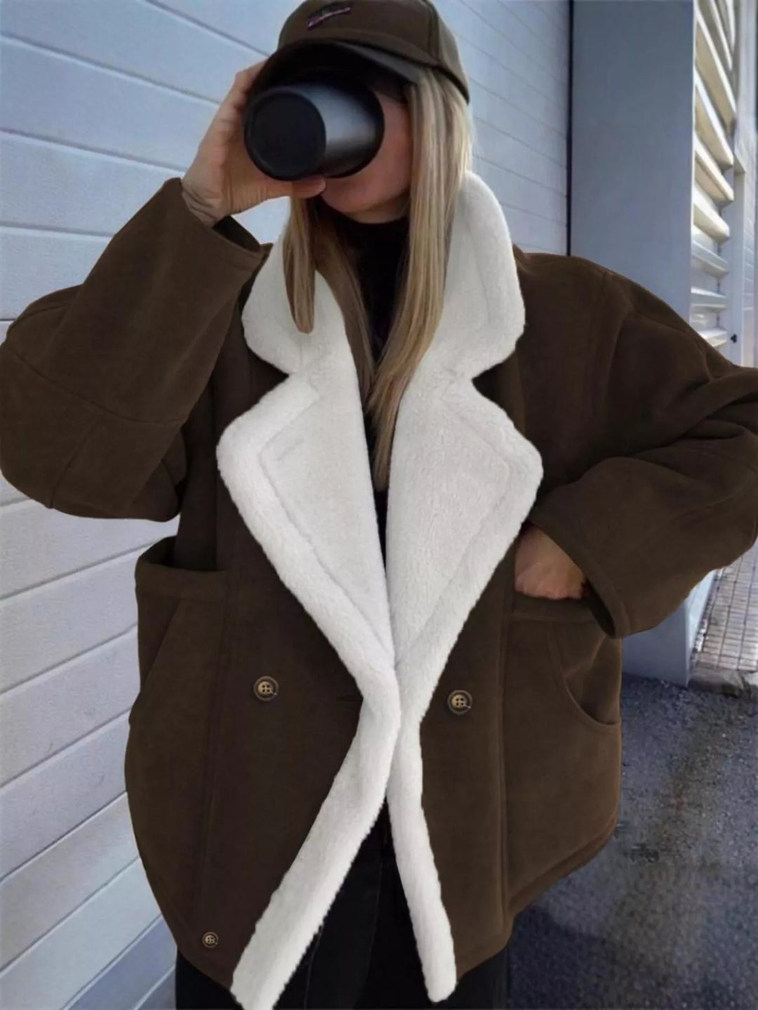 Chocolate Sherpa-lapel double-breasted drop shoulder fleece coat