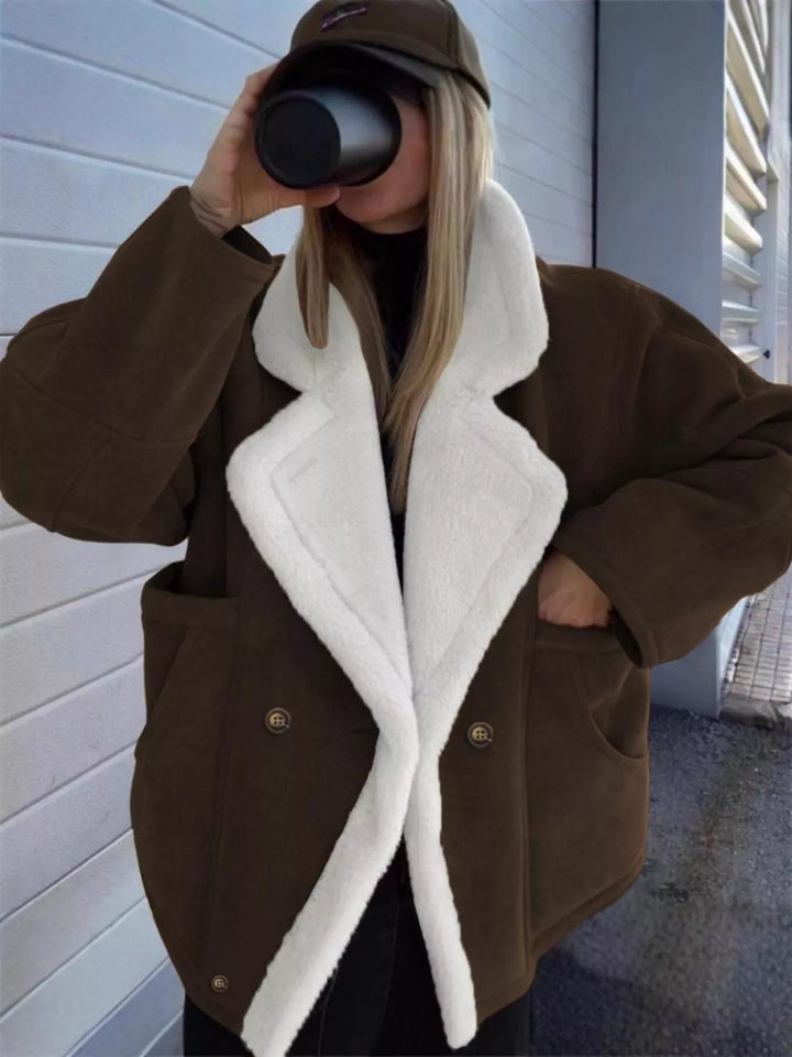 Chocolate Sherpa-lapel double-breasted drop shoulder fleece coat