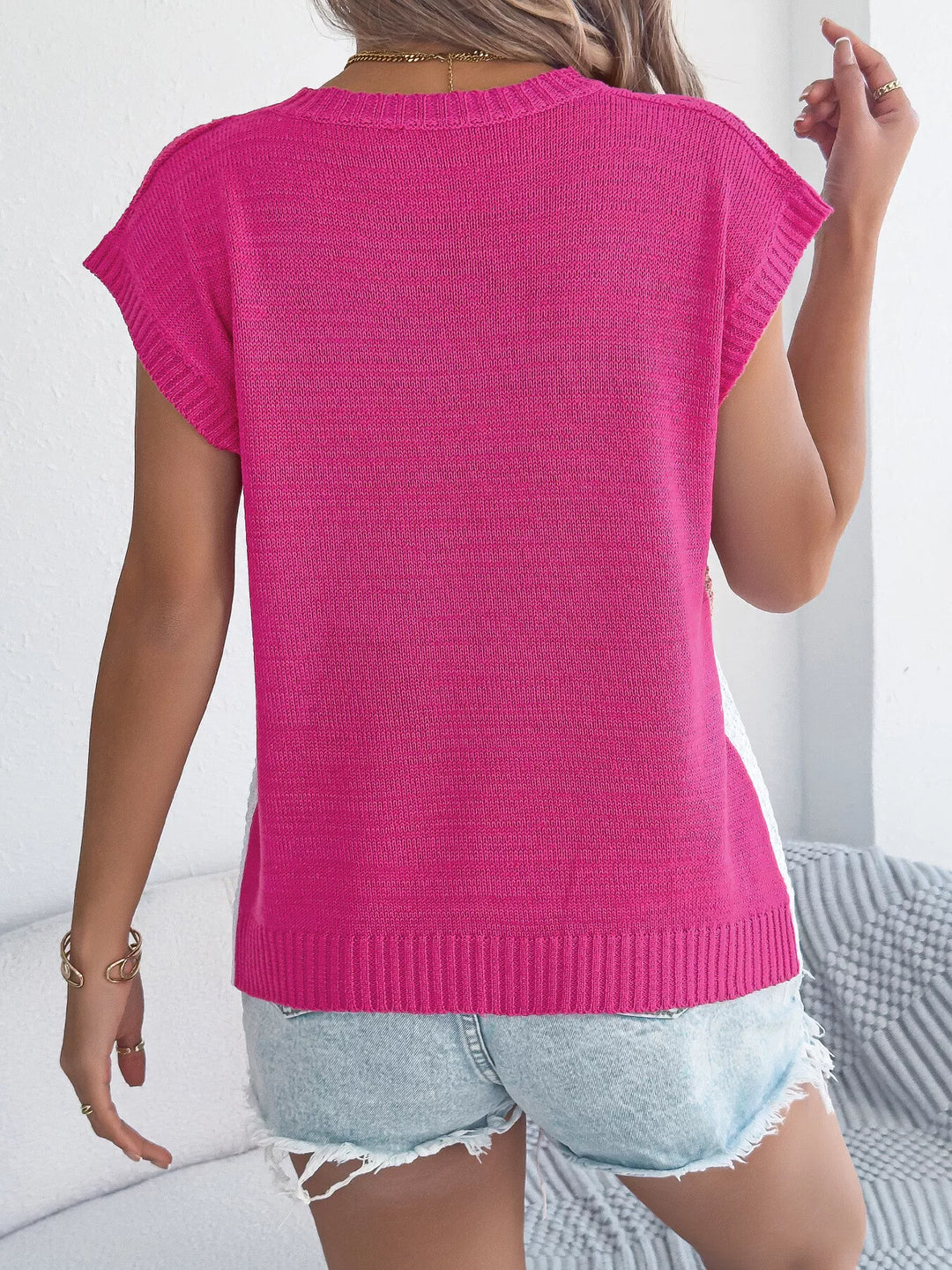 Color block cable knit short sleeve sweater top