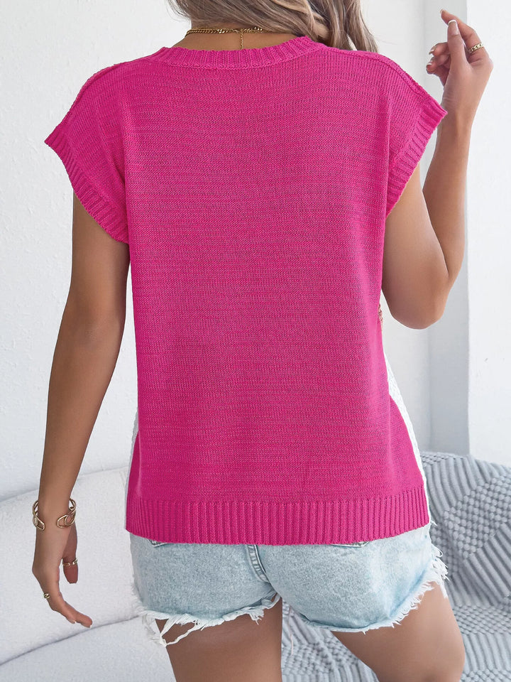 Color block cable knit short sleeve sweater top
