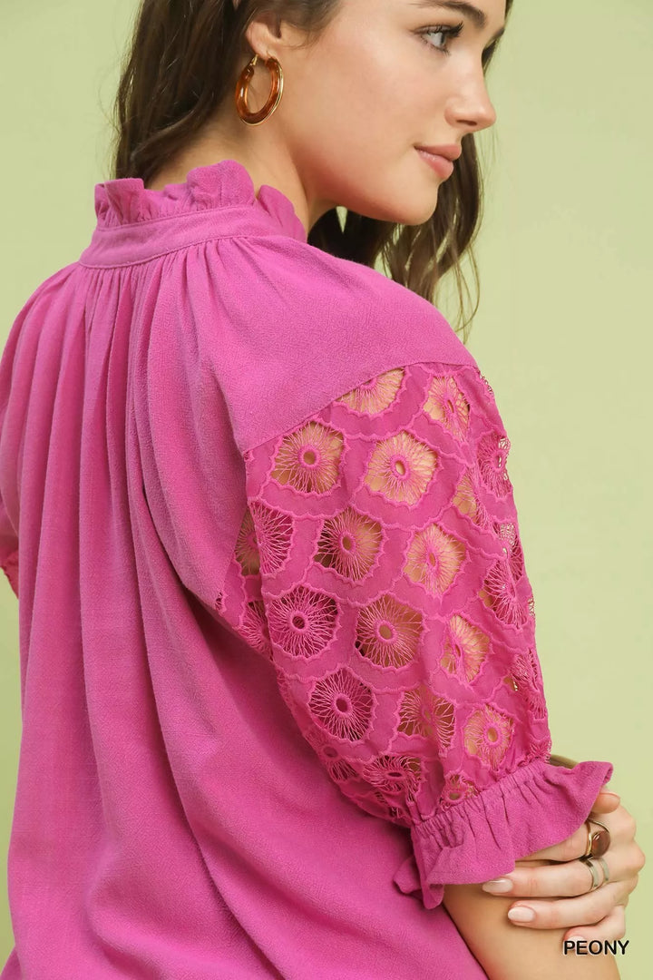 Floral lace puff sleeve top with split v-neck