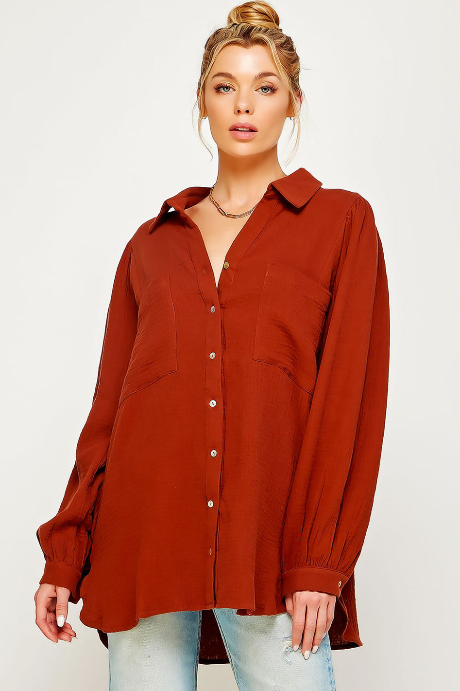 Marseille Textured Gauze Button Down Puff Sleeve Blouse