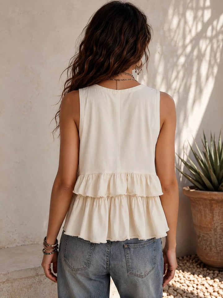 Double-tier ruffle v-neck sleeveless top