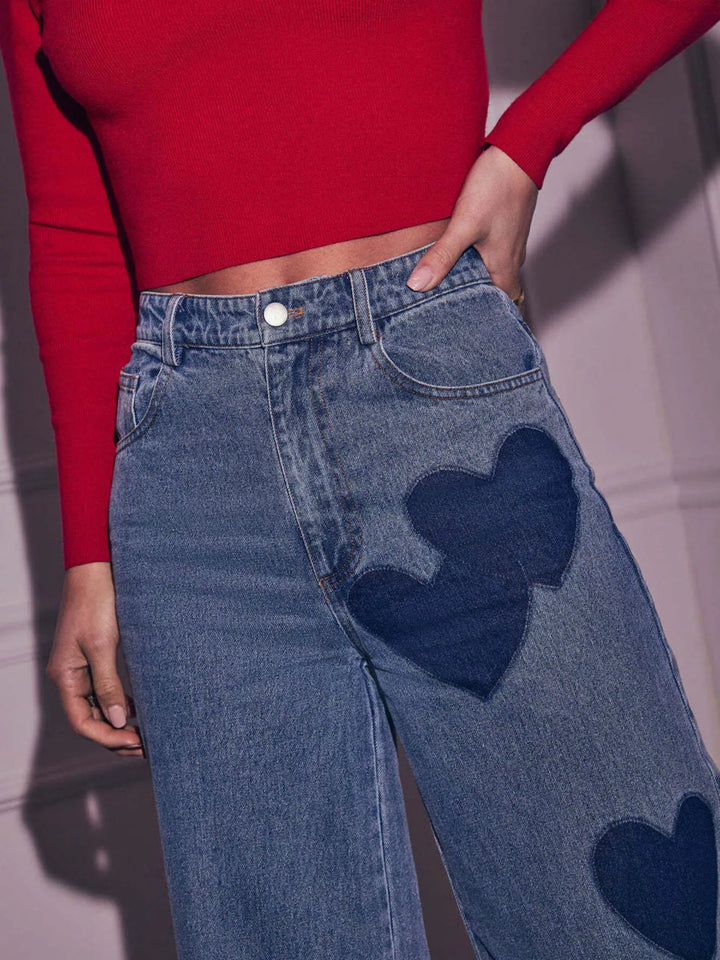 Heart patch high-rise wide leg jeans