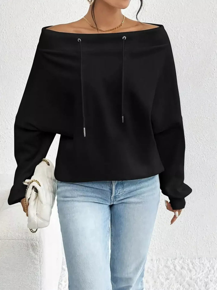 Black Off-shoulder drawstring sweatshirt with ribbed cuffs