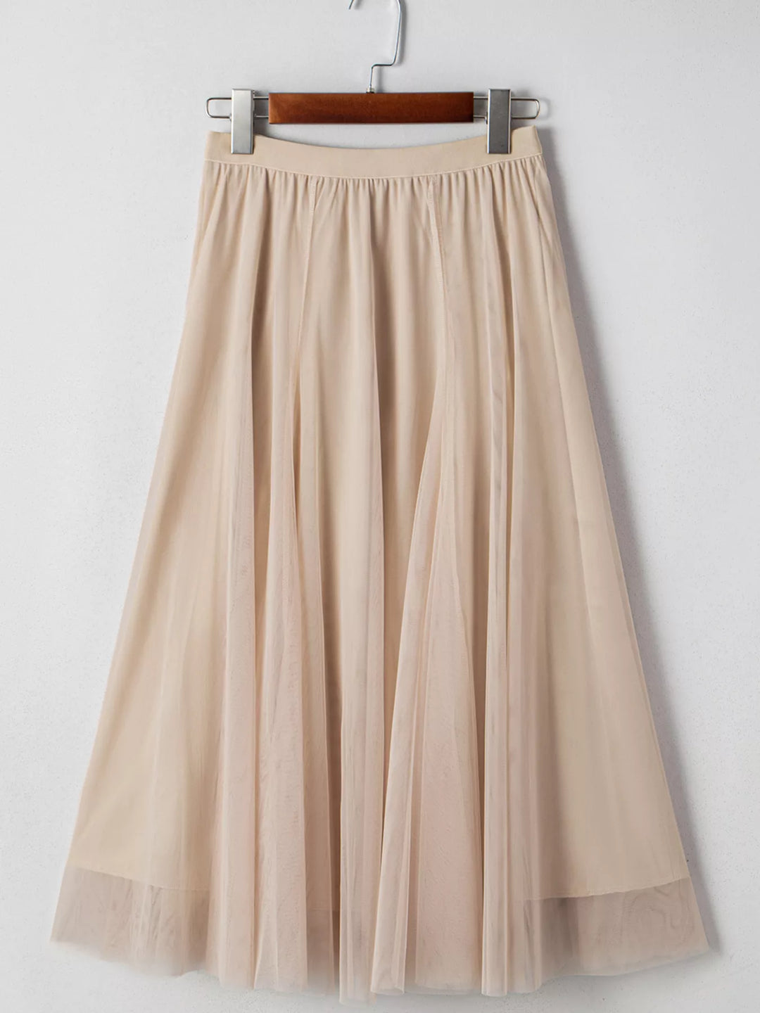 Tulle mesh overlay flared midi skirt with lace underlayer