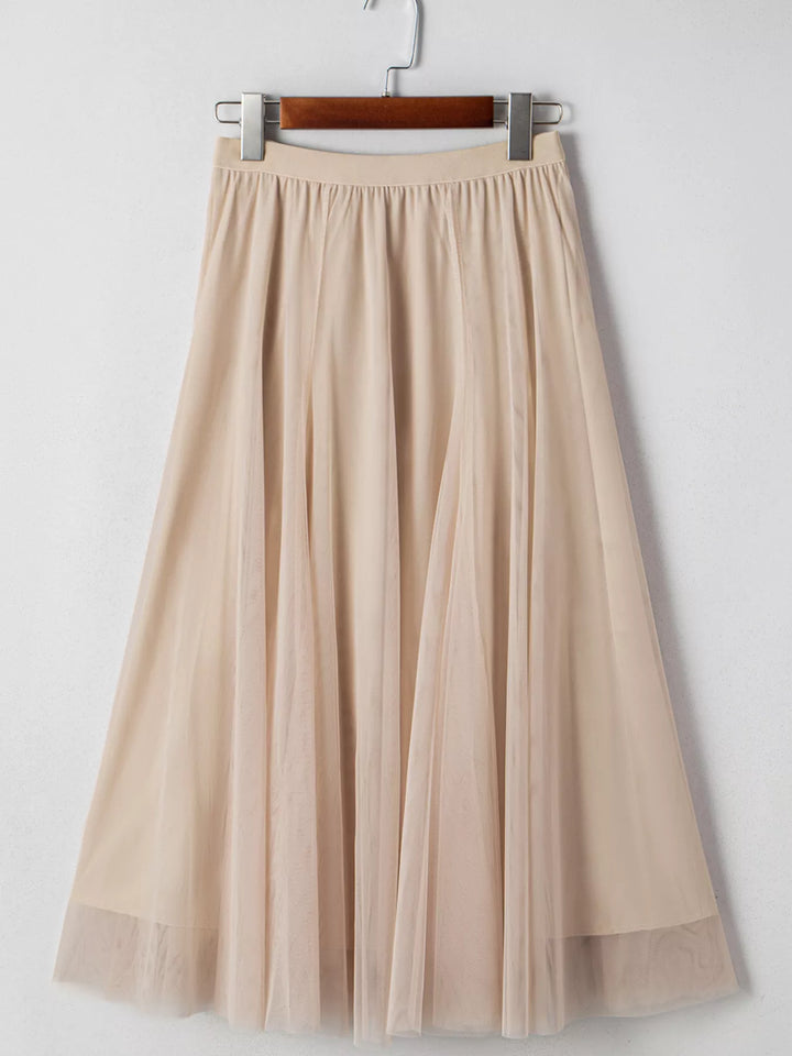 Tulle mesh overlay flared midi skirt with lace underlayer