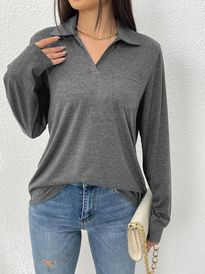 Collared long sleeve polo top with chest pocket