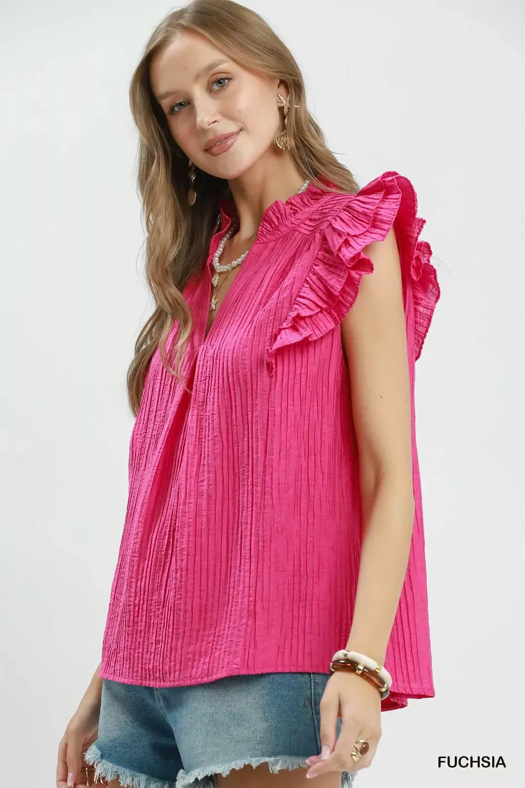 Textured split V-neck blouse with ruffle cap sleeves