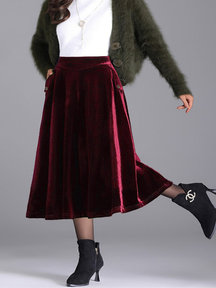 Plus size velvet A-line midi skirt with side pocket