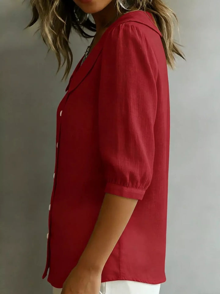 Peter Pan collar button-down blouse with 3/4 sleeves