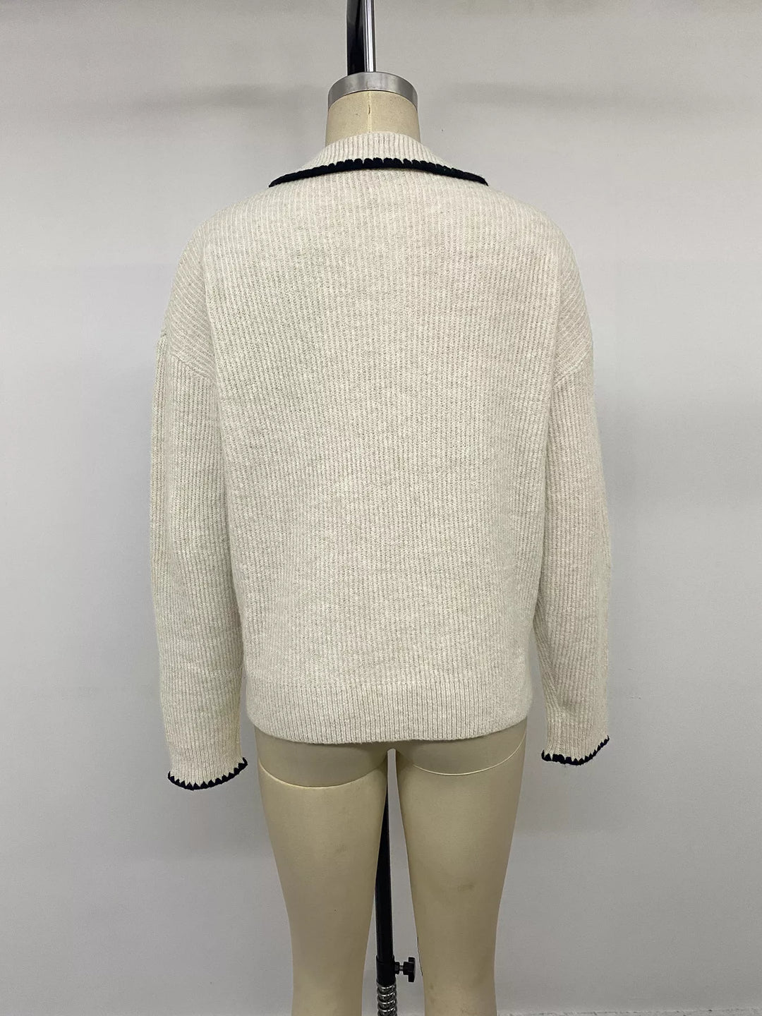 Contrast trim ribbed knit polo sweater with dropped shoulders