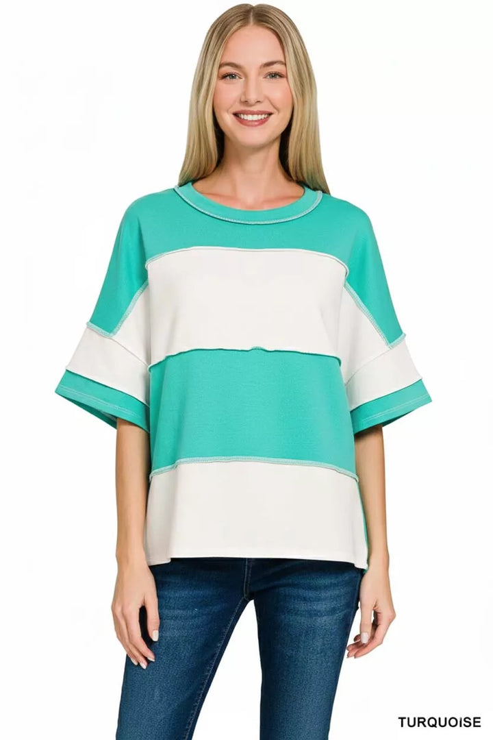 French terry color block top with exposed seams