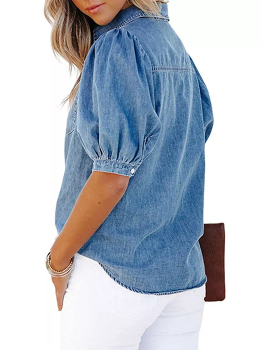 Puff sleeve button-down denim shirt with chest pocket