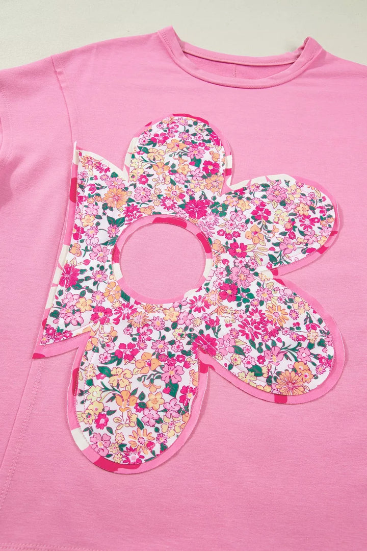 Oversized floral patch crew neck tunic tee