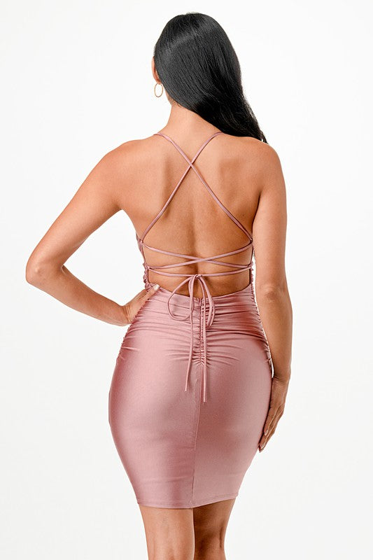 Bella Shirred Waist Lace-Up Back Cocktail Dress - cropped, lace - view 14