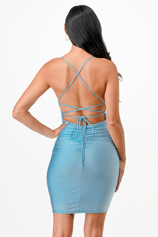 Bella Shirred Waist Lace-Up Back Cocktail Dress - cropped, lace - view 30